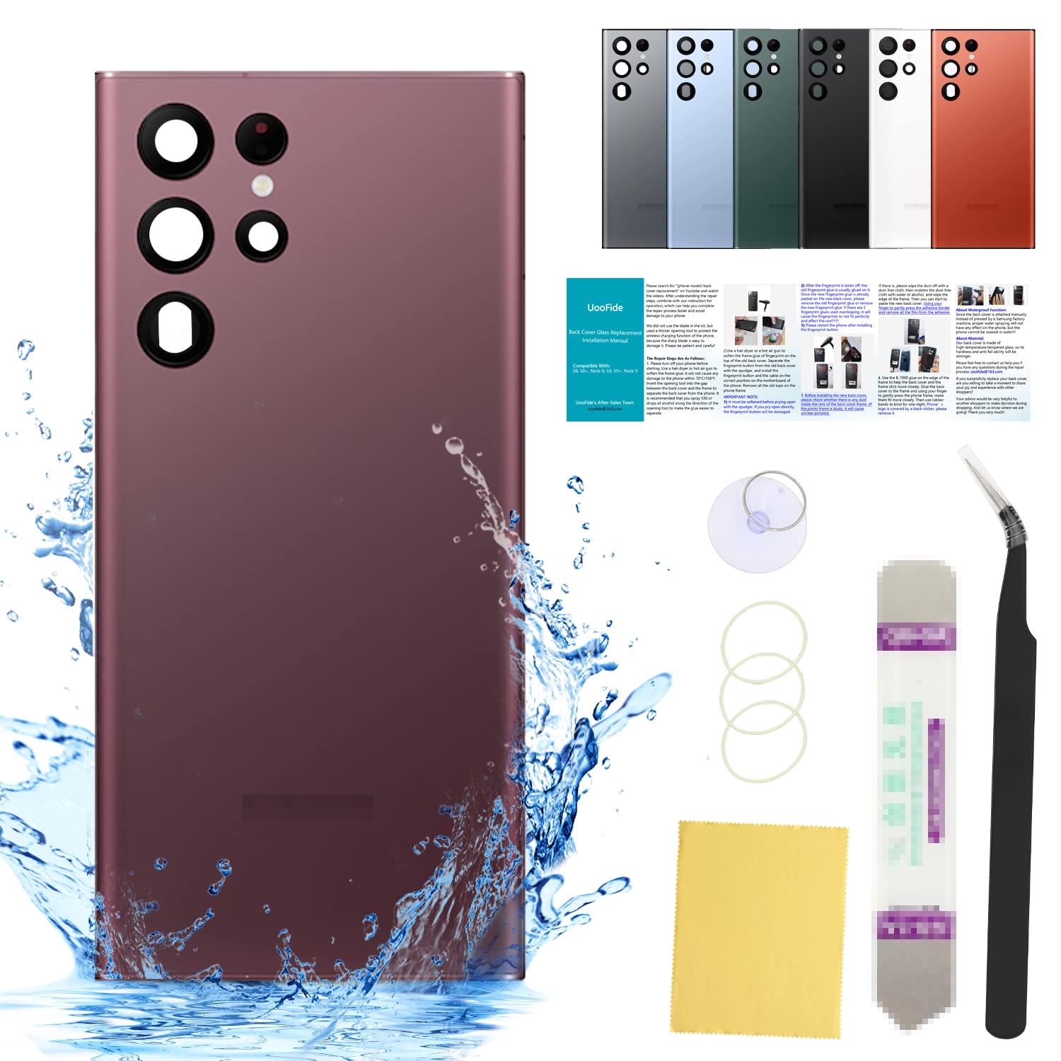 Photo 1 of UooFide Compatible for Samsung Galaxy S22 Ultra Rear Back Cover Replacement Glass 6.8-Inches SM-G908 All Carriers with Installation Manual + Repair Tool Kit (Burgundy)