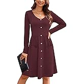OUGES Women's V Neck Button Down Skater Midi Dress with Pockets