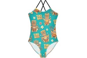 Yellow Tiki Masks Floral One Piece Swimsuit Girls, Quick Dry Crossback Bathing Suit Toddler Girl for Beach