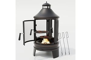 ALAULM Metal Chiminea Fire Pit with Grill, 2 in 1 Firepit with Adjustable Grill Tray & Mesh Spark Screen Door, 3-Door Multi-Access Fireplace for Patio, Garden & Backyard