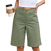 luvamia Bermuda Shorts for Women Knee Length High Waisted Dressy Casual Patch Pocket Chino Elastic Waist Long Shorts