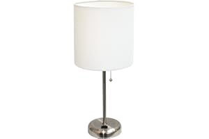 LIMELIGHTS Simple Designs LT2024-WHT Brushed Steel Stick Table Desk Lamp with Charging Outlet and Drum Fabric Shade, White Shade
