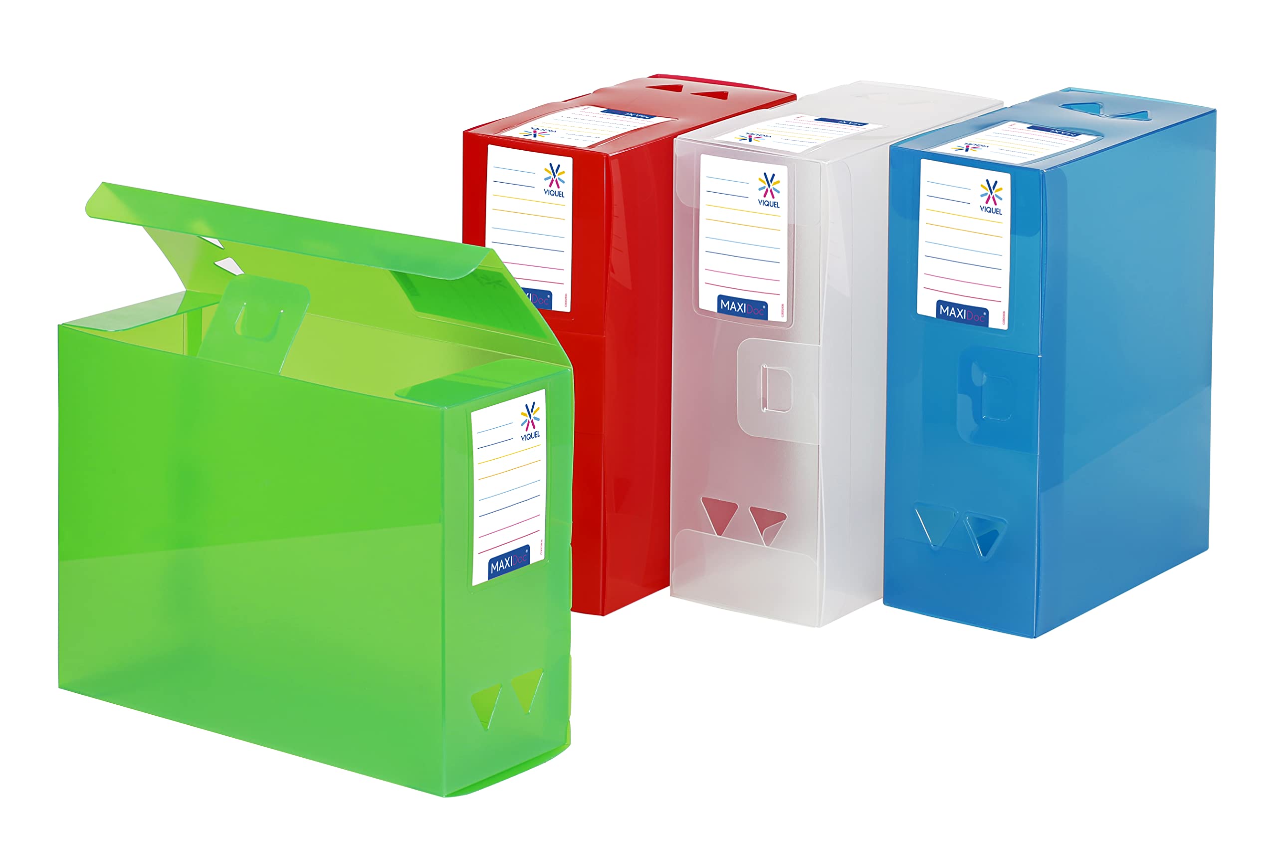 Viquel - Set of 4 Plastic File Boxes - Set of 4 Large Capacity Archive Boxes - Assorted Storage Boxes - 12cm Spine - Made in France