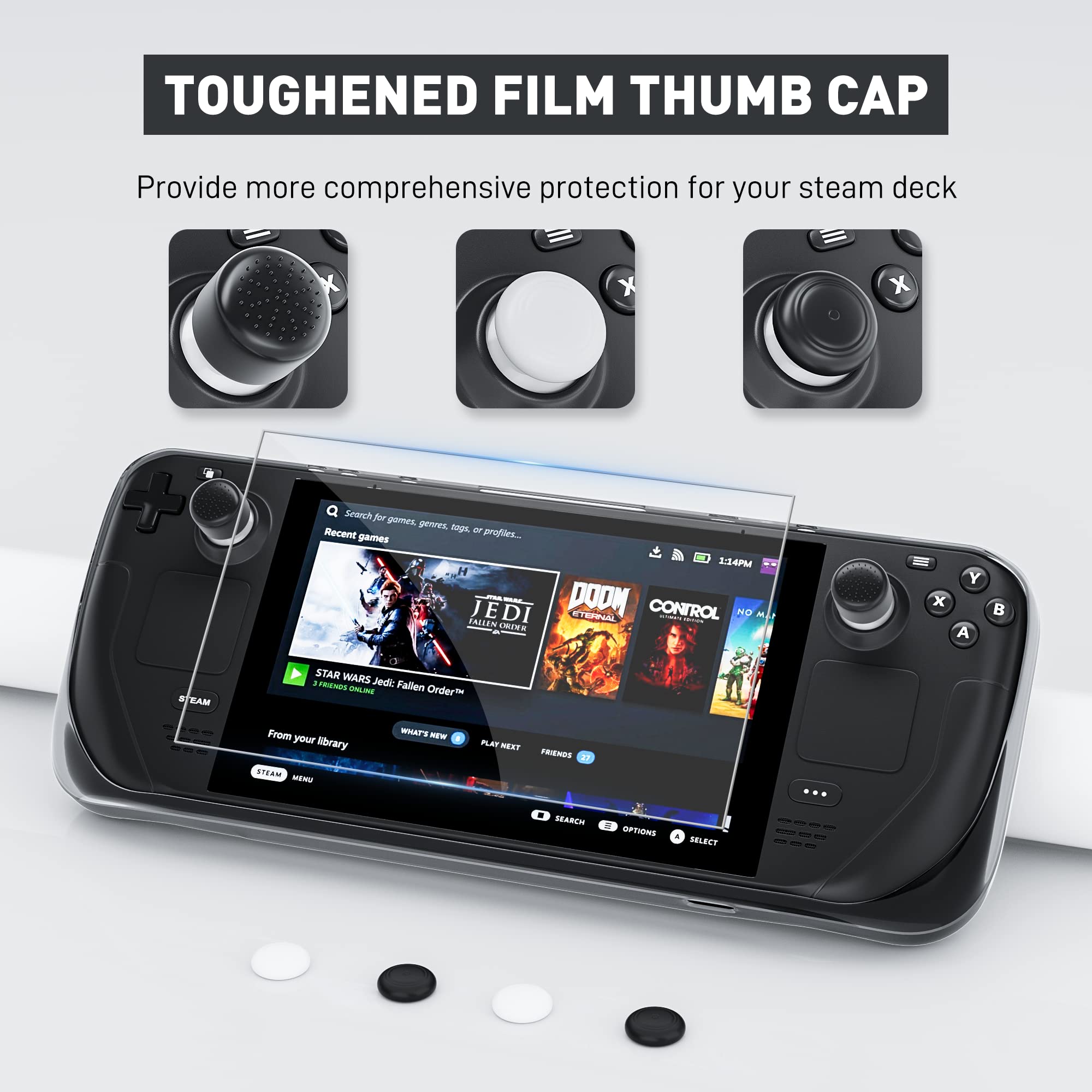 FANPL Case for Steam Deck Accessories with 2 Screen Protector Tempered Glass and 6 Thumb Grips, TPU Protective Case Cover for Steam Deck