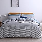 JELLYMONI 100% Natural Cotton 3pcs Striped Duvet Cover Sets,White with Navy Blue Stripes Pattern Printed Comforter Cover,with Zipper Closure & Corner Ties(Queen Size)
