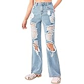 WDIRARA Girl's Cut Out Ripped Pocket Flare Leg Zipper Denim Jeans High Waist Pants