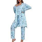 Tenna Teki 3-Piece Women's Floral and Butterfly Print Pajama Set, Long Pants & Belted Robe