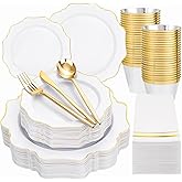 WDF 175Pcs Gold Plates Disposable - White and Gold Plastic Plates 25guest Plastic Dinnerware Ideal for Party/Wedding/Banquets/New Year/Valentine's Day