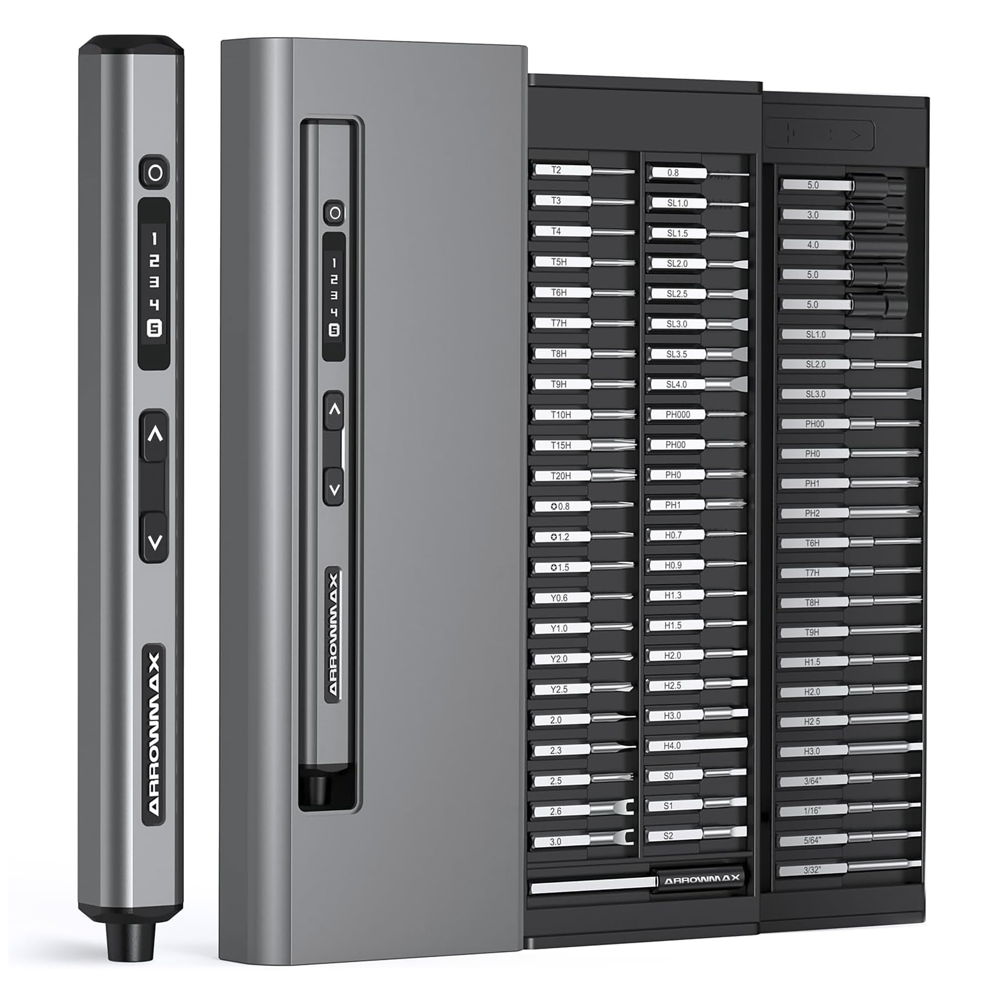 AM ARROWMAX Electric Screwdriver, 74 in 1 Mini Power Screwdriver Set w/ 70 Magnetic Bits, 5 Torque Modes, Red Dot, IF Winning Design, Rechargeable Small Cordless Screwdriver for Phone, DIY (SES ULTRA)