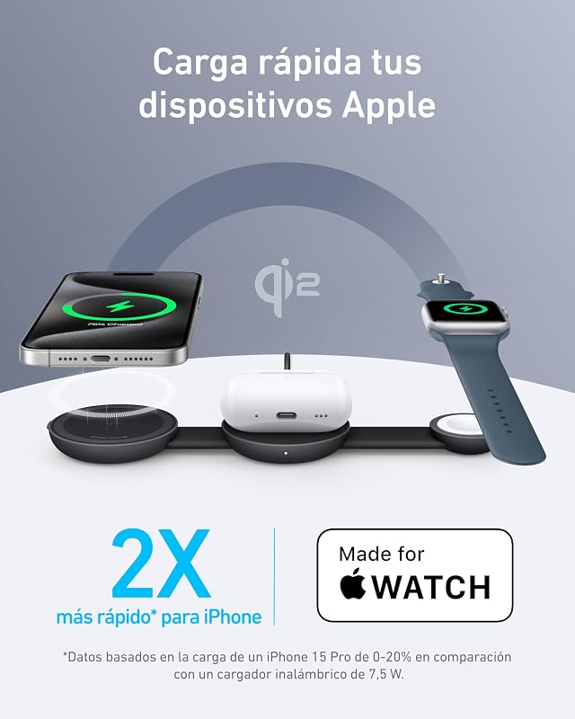 MagGo Cargador Inalámbrico iPhone 3 en 1 de Viaje, Plegable Qi2 15W