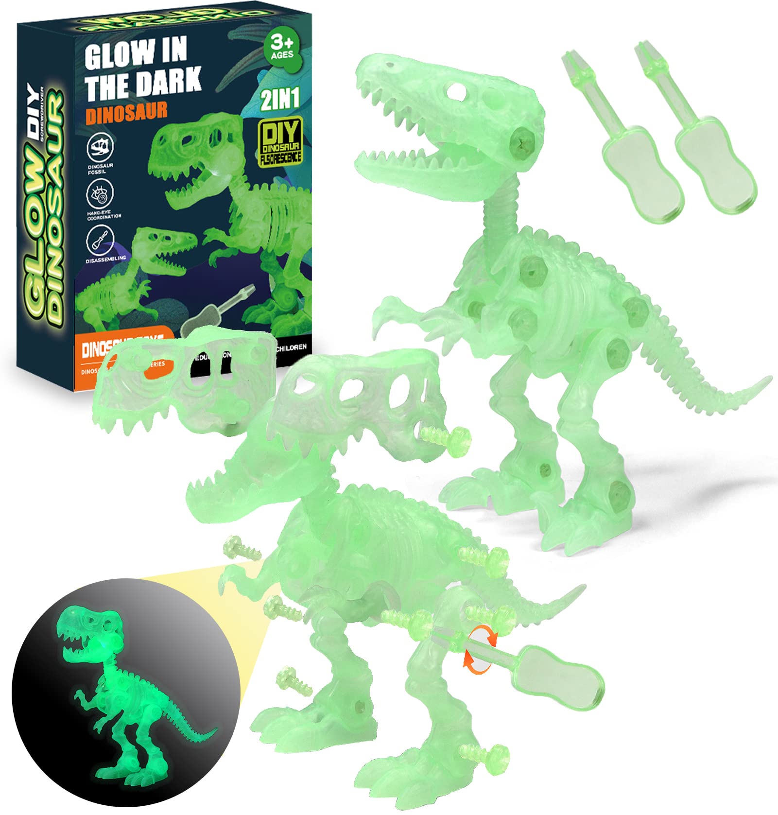 STAY GENT Fluorescent Dinosaur Fossils Take Apart Dino Toys with 2 Screwdrivers, Dinosaurs Skeletons Construction Building Toys, Dinosaur Bones STEM Learning Gift for Kids Aged 3 4 5 6 7
