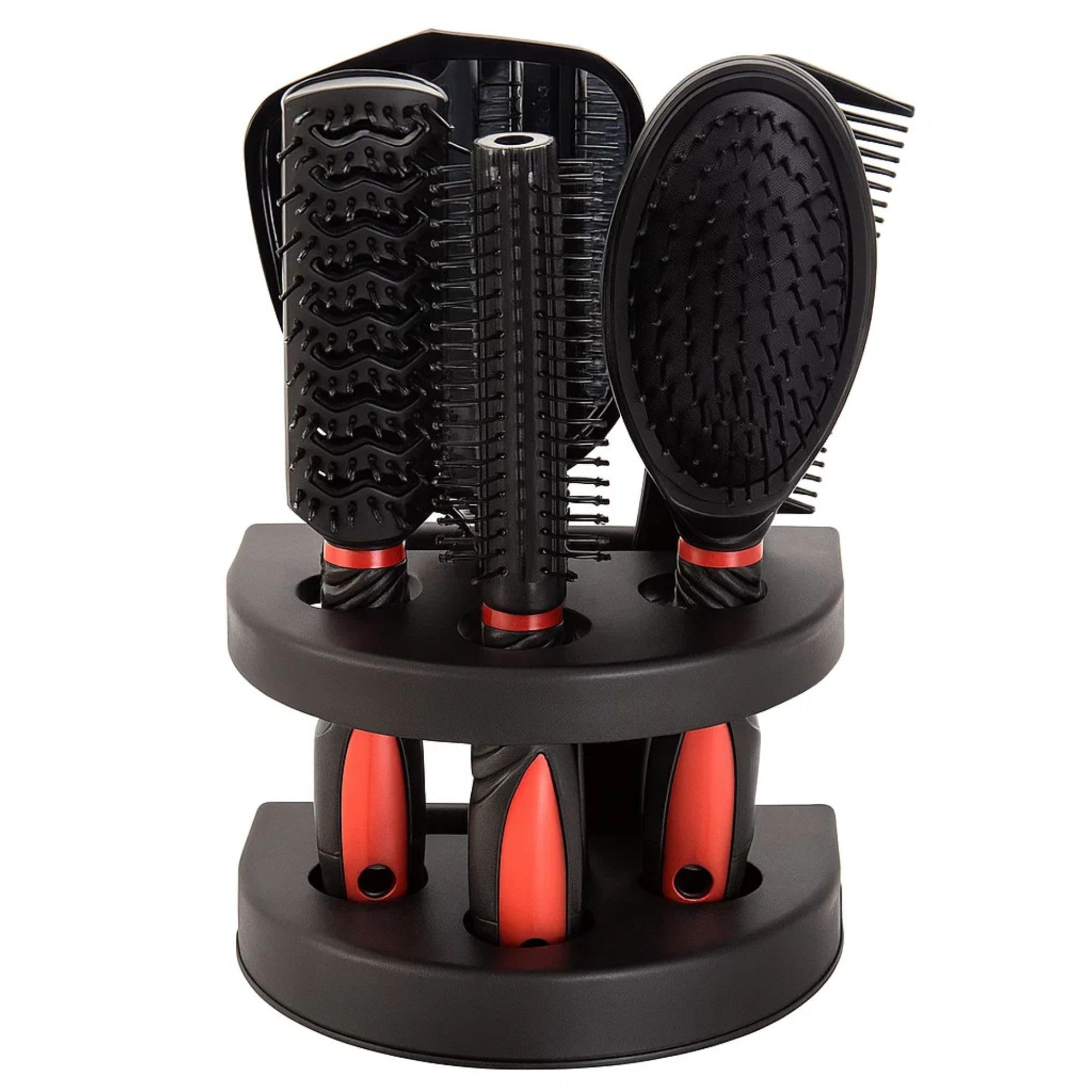 Bottlewise 4-Pieces Hair Brush Set with Mirror & Stand – Curly, Detangle, Wet, Dry & Slick Back Hair Brushes + Comb, Ideal with Hair Dryer or Hot Tools, Suitable for All Hair Types & Textures (RED)