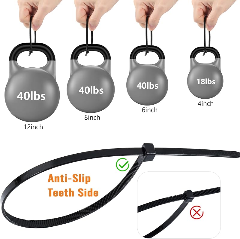 Kabelbinder Schwarz Set, Kabelbinder UV Beständig,Cable Ties Nylon Verschiedene Größen für Kabelmanagement,Gartenarbeit,Wohnen,Werkstätten (100/150/200/300 mm(1000 Stück))