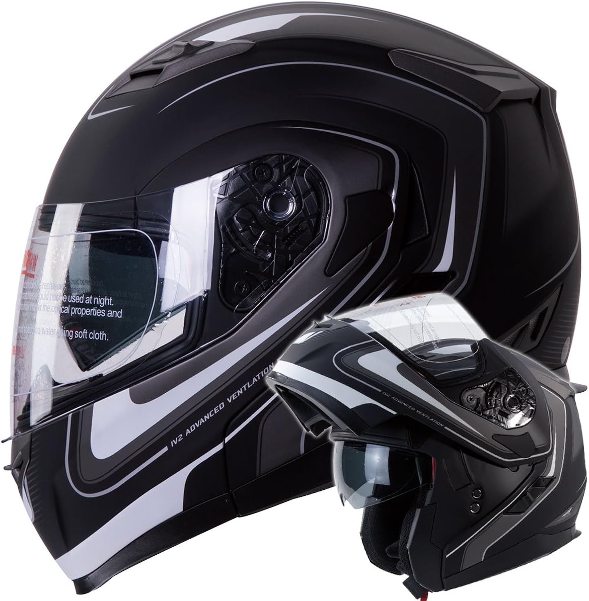 IV2 Mars Dual Visor Modular Flip up Matte Black with White Strips Motorcycle Snowmobile Helmet DOT (XL)