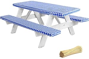 LINPRO Premium Picnic Table Cover with Bench Covers Vinyl Fitted Picnic Table Covers with Elastic RV Camping Accessories and Camper Must Haves Waterproof (Blue Gingham, 72 x 30 (6ft) with skewers