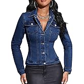 EZAPINE Women Cropped Denim Jacket Lapel Button Down Long Sleeve Slim Fitted Stretchy Short Jean Jacket with Pockets