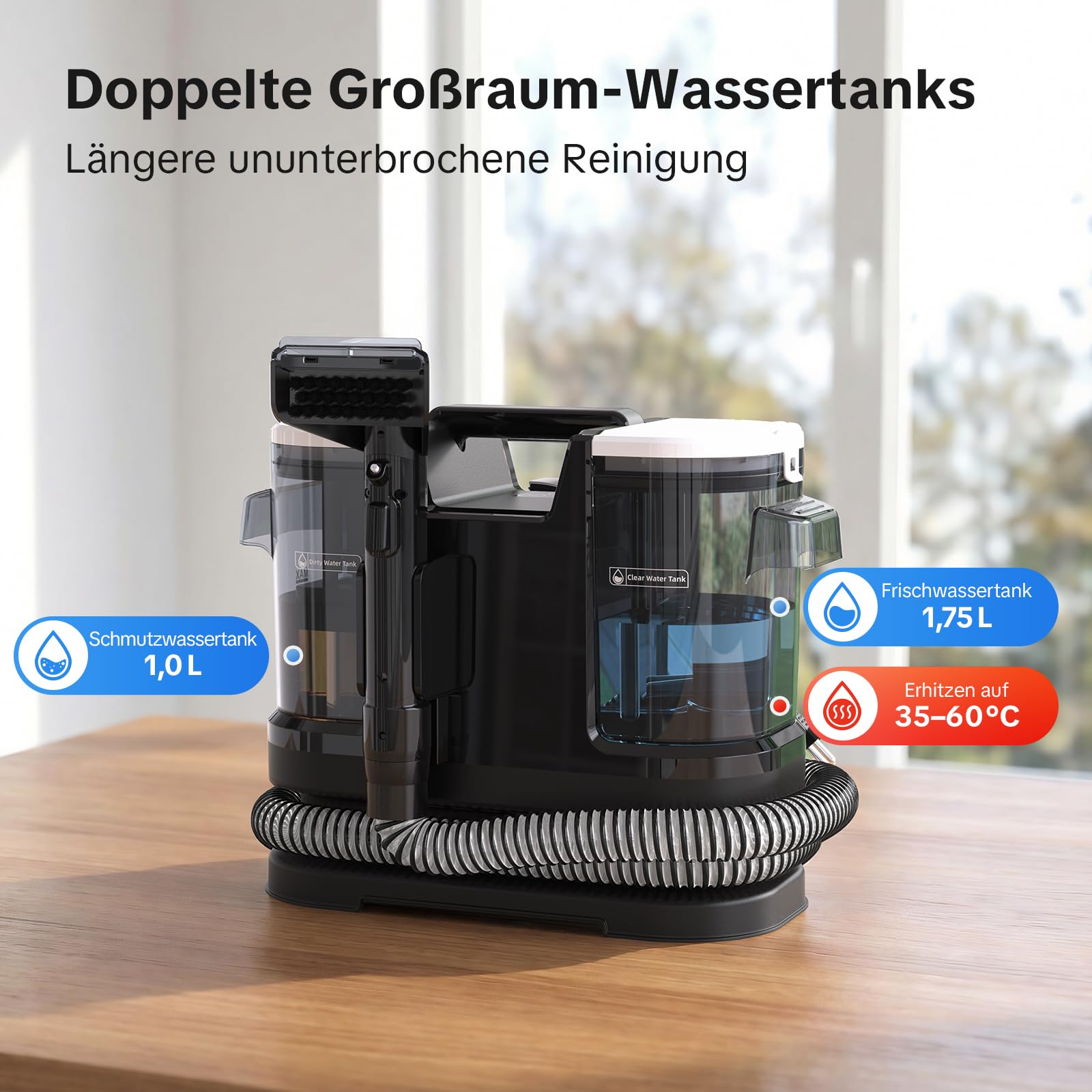 Lubluelu Nasssauger Polsterreiniger Gerät 18 kPa, 1400 W, Teppichreiniger Waschsauger mit 10 Sek. Schnellheizung auf 35–60 °C und Selbstreinigung, tragbarer Teppichreiniger für Teppiche, Auto & Sofas 4