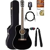 Fender CD-60SCE Solid Top Dreadnought Acoustic-Electric Guitar - Black Bundle with Hard Case, Instrument Cable, Tuner, Strap, Strings, Picks and Austin Bazaar Instructional DVD