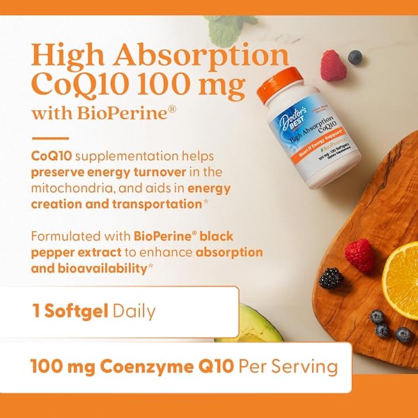 DOCTOR’S BEST HIGH ABSORPTION COQ10 WITH BIOPERINE, GLUTEN FREE, NATURALLY FERMENTED, HEART HEALTH, ENERGY PRODUCTION, 100 MG, 120 COUNT