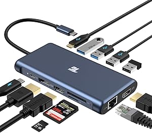 USB C Hub,Tiergrade 12 in 1 Triple Display Adapter with 2 4K HDMI,DisplayPort,PD 3.0,Ethernet,USB-A USB-C Ports,TF/SD Card Reader for MacBook and Type-C Laptops(Triple Displays Only for Windows)