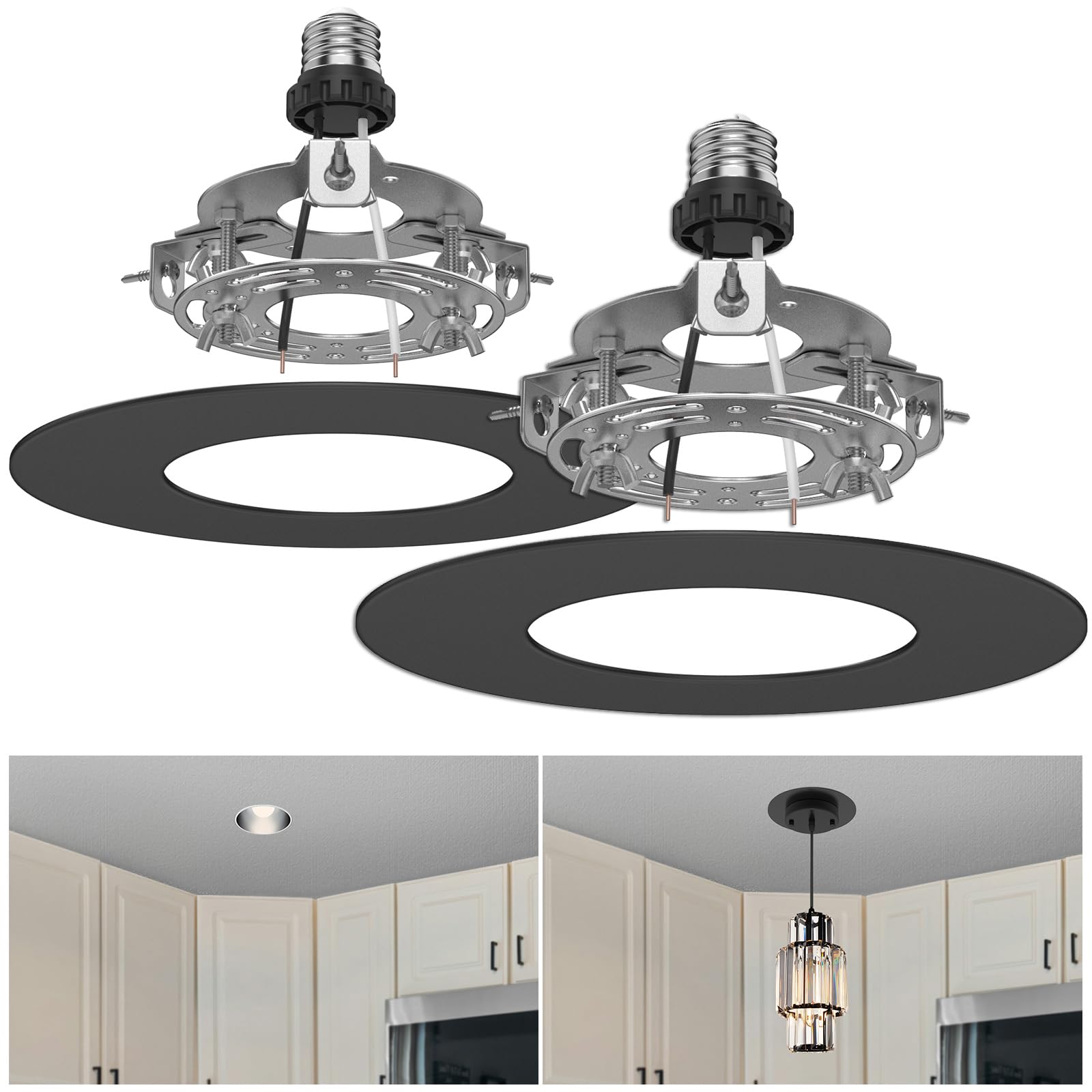 Photo 1 of YIIZON 5 and 6 inch Recessed Can Light Conversion Kit, Ceiling Light Fixture Upgrade, Pendant & Hanging, 7¾ Inch Flat Steel Ceiling Medallion, Black Finish 2 Packs
