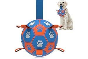 QDAN Dog Ropes Toys Soccer Ball with Straps, Interactive Dog Toys for Tug of War, Puppy Birthday Gifts, Dog Tug Toy, Dog Water Toy, Durable Dog Balls for Medium & Large Dogs- Blue&Orange（8 Inch）