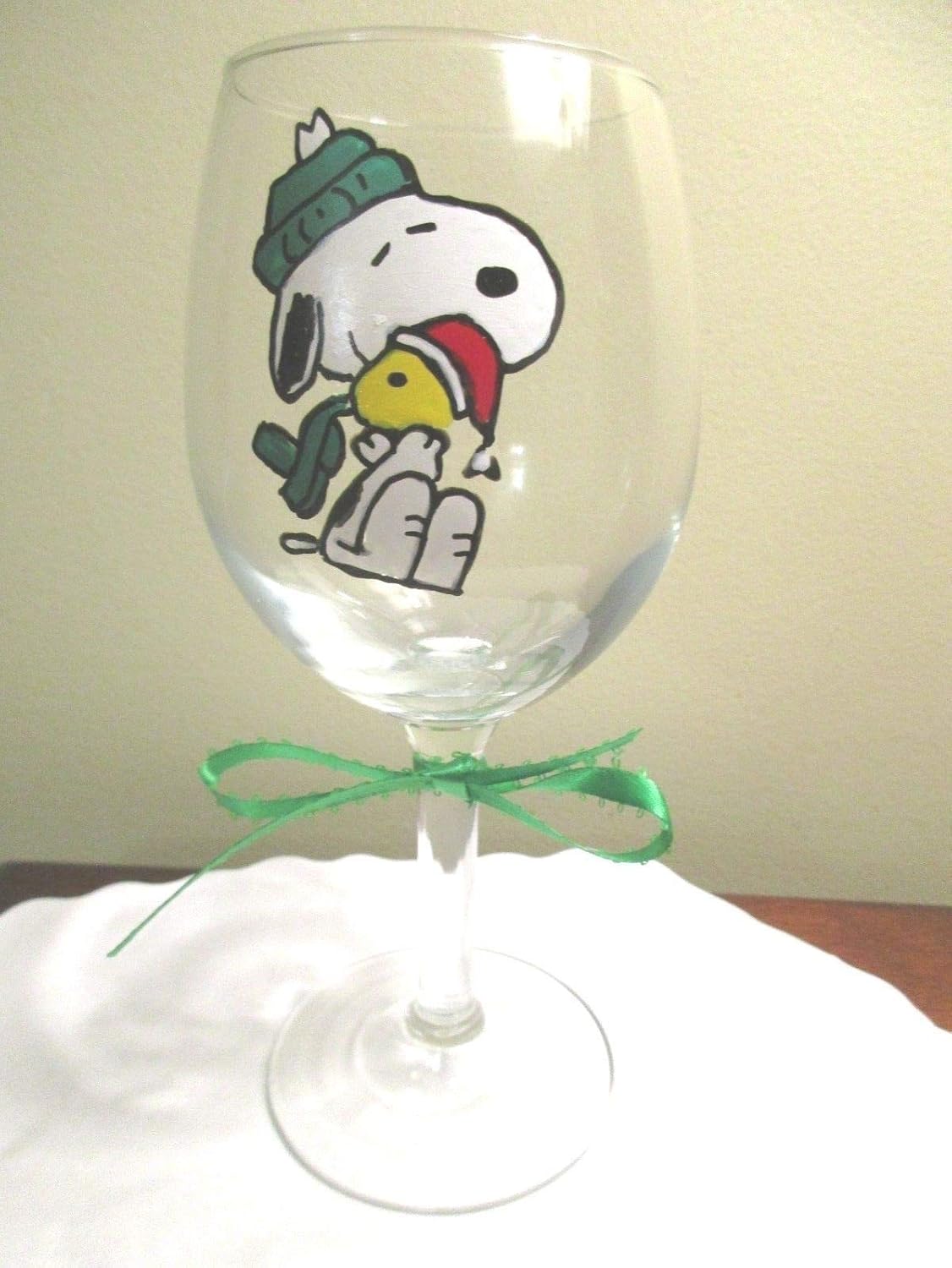 Hand Painted Stemless Wine Glass Snoopy Woodstock 12 oz. Home & Kitchen