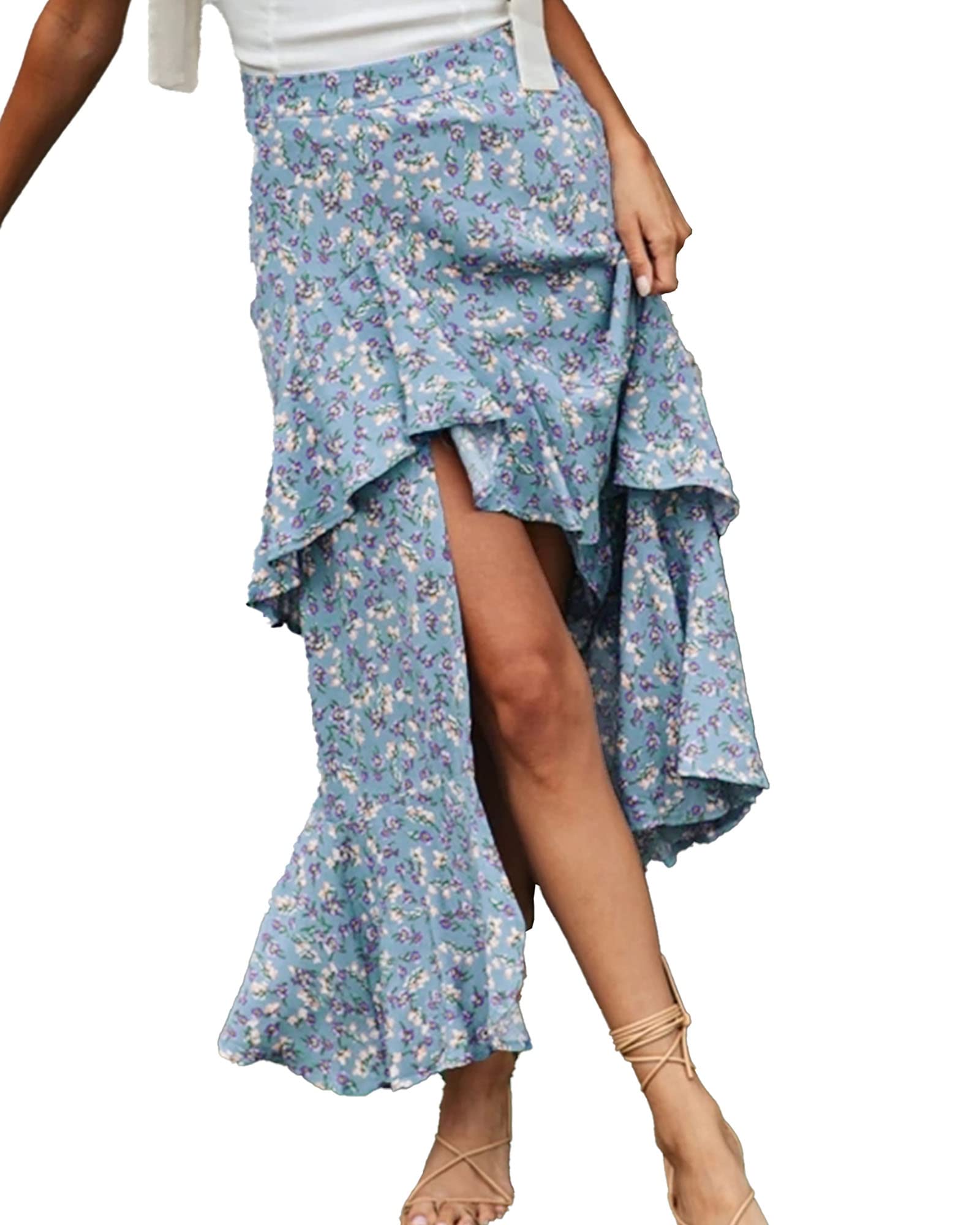 Photo 1 of (USED/FAIR) BTFBM Women 2025 Summer Spring Boho Long Skirts Dress Floral Print Elastic Waist Split Ruffle High Low Beach Maxi Skirt(Z-Blue, size: Large)
