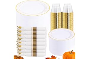 DaYammi 350PCS Gold Plastic Dinnerware Set for 50 Guests, Thanksgiving Plates Disposable, Include: 50 Dinner Plates, 50 Dessert Plates, 50 Pre Rolled Napkins with Gold Silverware, 50 Cups