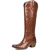 Meefit Embroidered Cowboy Boots for Women Knee High Cowgirl Western Boots,Square Snip Toe Country Boot Tall Shoes