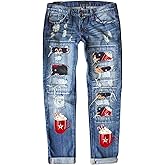 Ripped Boyfriend Jeans for Women Christmas Patchwork Jean Distressed Skinny Denim with Holes Cute Stretch Jeans
