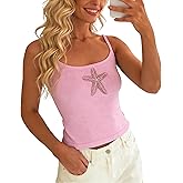 Women Y2k Starfish Cami Top Rhinestone Printed Crop Tank Tops Slim Fitted Knit Going Out Summer Shirts