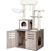 Heybly Cat Tree, Wood Litter Box Enclosure with Food Station, All-in-one Indoor Cat Furniture with Large Platform and Condo, 