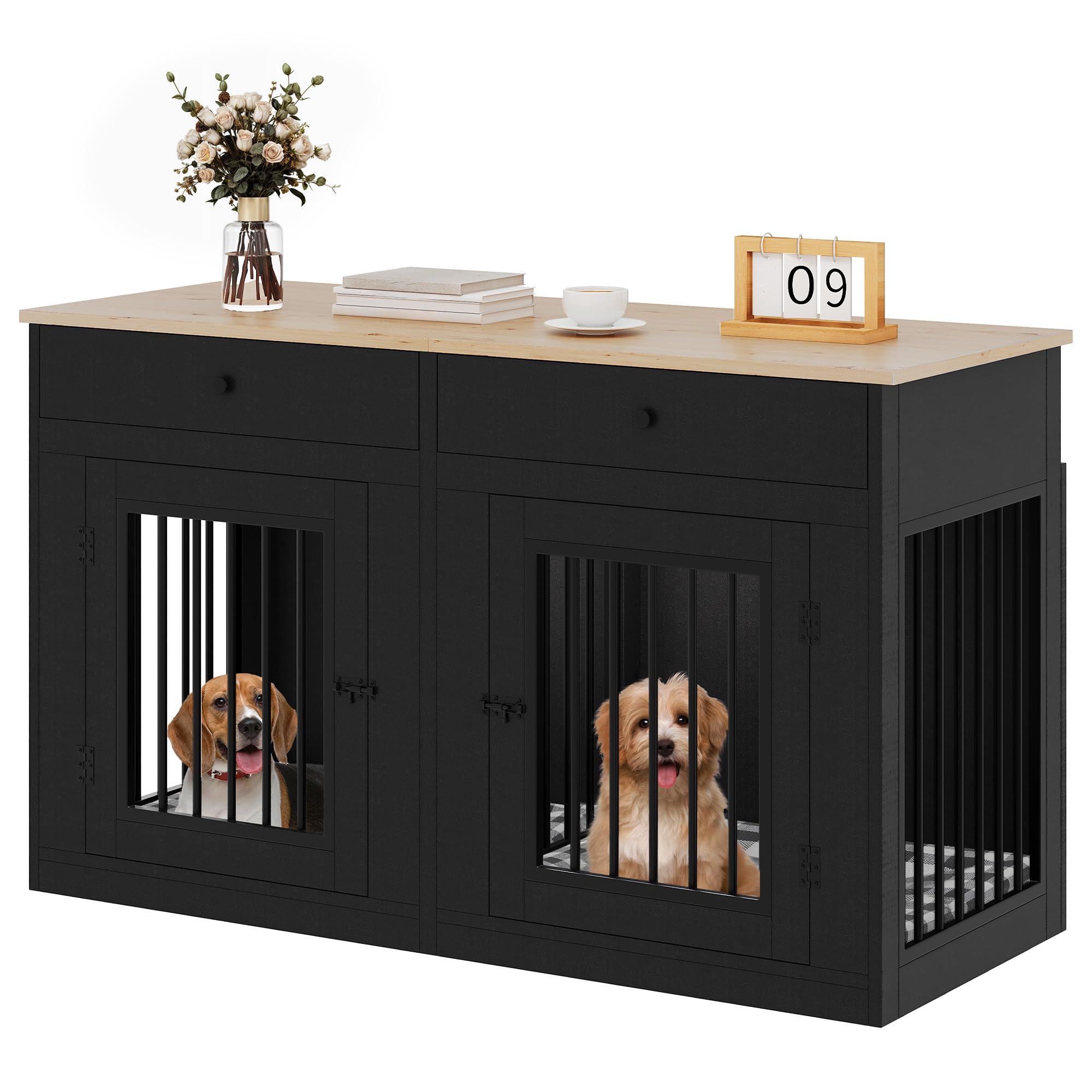 Photo 1 of *MISSING HARDWARE* YITAHOME 60" Wooden Dog Crate Furniture with Removable Divider & Storage Drawers, Double Door Kennel with Locks for Medium and Large Dogs, Multi-Functional Dog Crate End Table for Indoor use, Black