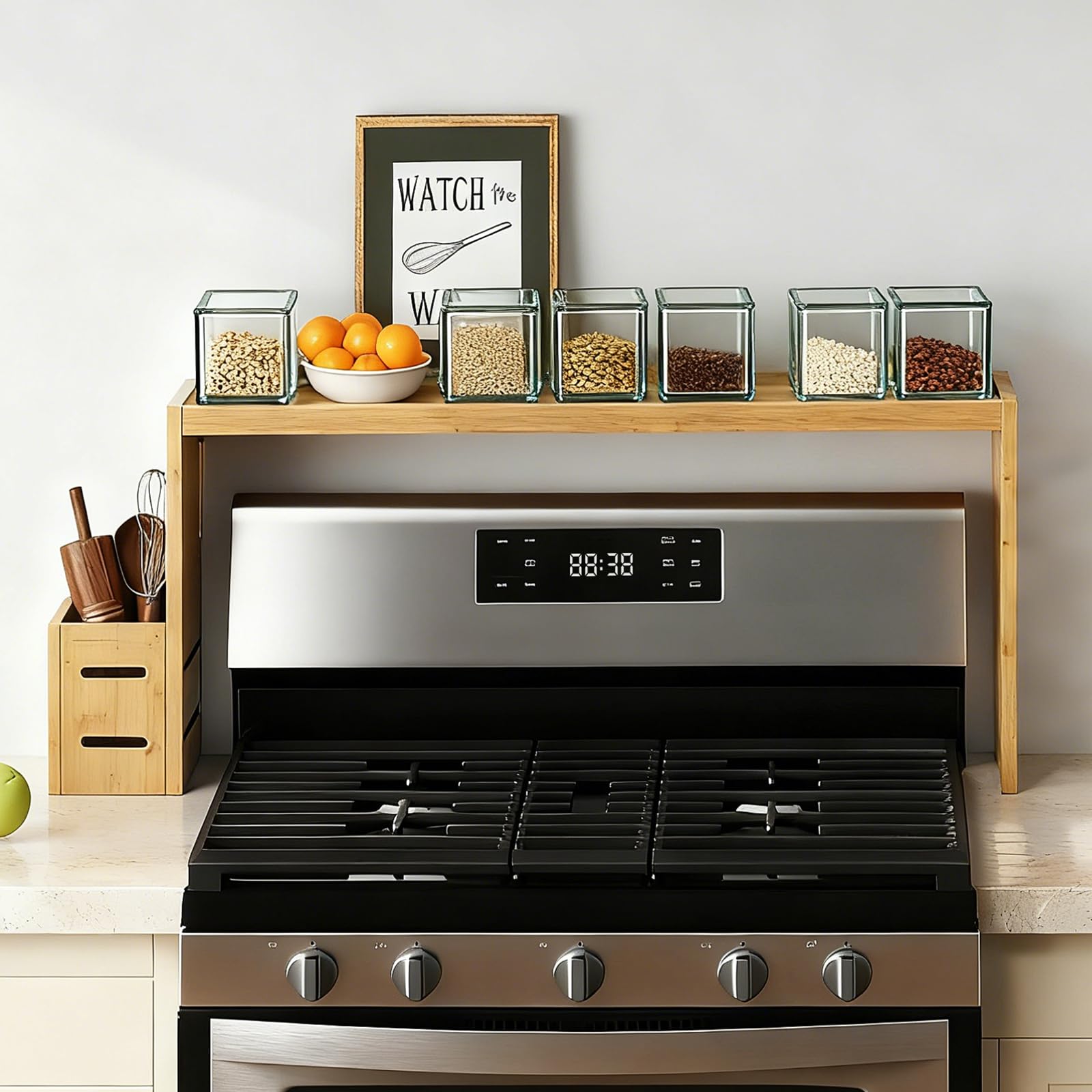 Photo 1 of BESLCEID 31-inch bamboo stove rack for above the hob, kitchen bamboo spice rack, supports up to 50 pounds. Bamboo stove rack for storing spices and kitchen utensils. (Wood colour)