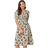 Allegra K Women's Cottagecore Floral Dress Puff Sleeves Smocked Midi Dresses