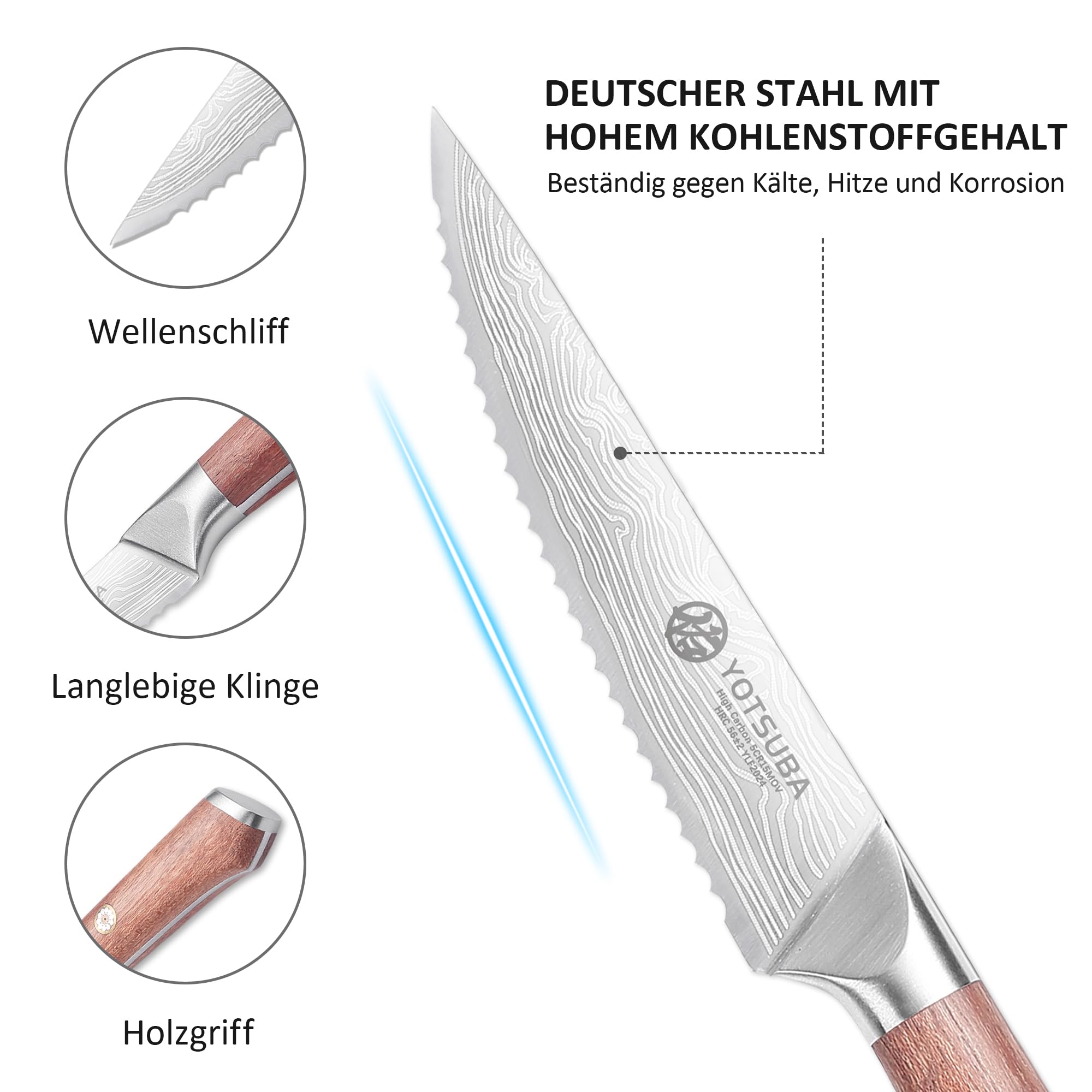 YOTSUBA Steakmesser Set 6-teilig, 12cm Küchen Steakbesteck Messer aus hochwertiger Deutscher Edelstahl, ultrascharfe Gezahnte Steak Küchenmesser und ergonomischer Holzgriff, Tafelmesser Geschenkbox 4