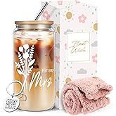 wangxitumug Future Mrs Gifts - Bride to Be Gifts -16 Oz Glass Cup with Bamboo Lid and Straw - Bridal Shower Gift for Women