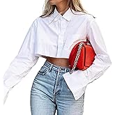 MISSACTIVER Women Solid Long Sleeve Button Up Crop Shirt Turn-Down Collar Irregular Loose Fitting Fashion Cropped Blouse Top