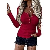 BTFBM Women Long Sleeve Shirts Fall Tops V Neck Button Up Henley Shirts Slim Fit Ribbed Knit Spring Casual T-Shirts 2026