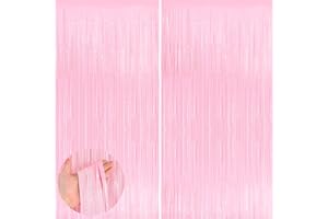 YEURFONTASY Pastel Pink 2 Pack Metallic Tinsel Foil Fringe Curtains, 3.3x8.3 Feet Pink Streamers for Party, Door Streamers Party Decorations, Party Streamers for Birthday Christmas Party Decorations