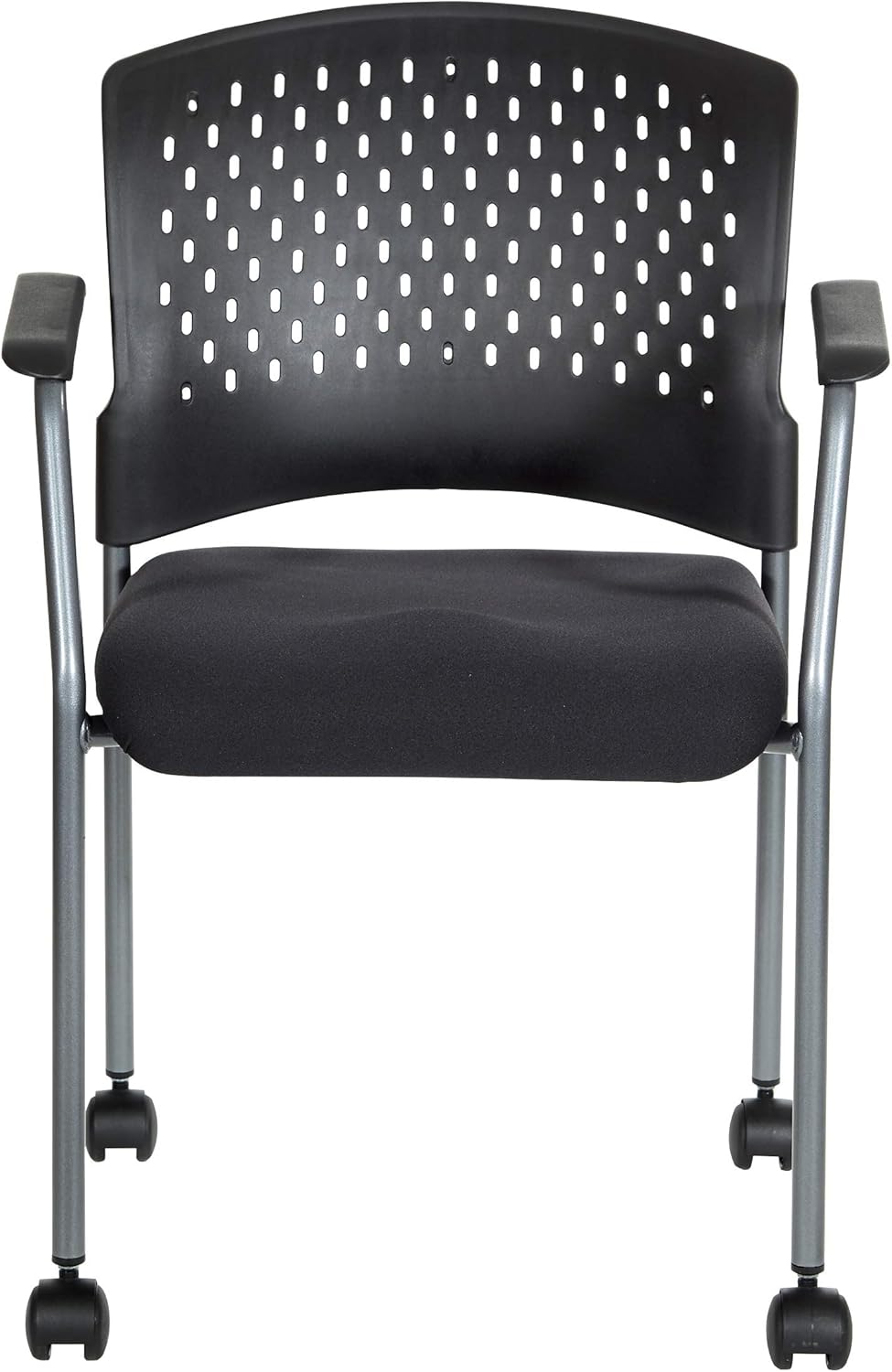 Office Star ProGrid Ventilated Plastic Back Deluxe Stacking Visitor's Chair with Titanium Finish Frame and Casters, Black: Furniture & Decor