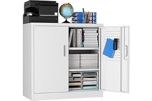 SUXXAN Metal Storage Cabinet with Pegboard 31.5'' x 31.5'' x 16.5'',Lockable Rolling Steel Storage Cabinet with 5 Adjustable Shelves and Door for Garage, Office, Kitchen, Assembly Required(White)