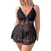 Alrovetoney Lingerie For Plus Size Women Lace Chemise Mesh Sleepwear Strappy Sexy Nightgown Boudoir Outfit