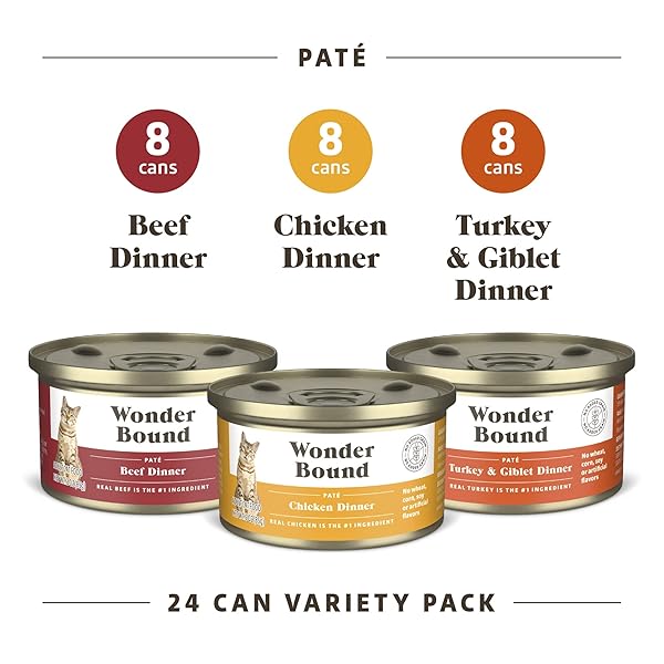 AMAZON BRAND – WONDER BOUND WET CAT FOOD, PATE, NO ADDED GRAIN, VARIETY PACK (BEEF/CHICKEN/TURKEY & GIBLET), 3 OUNCE (PACK OF 24)