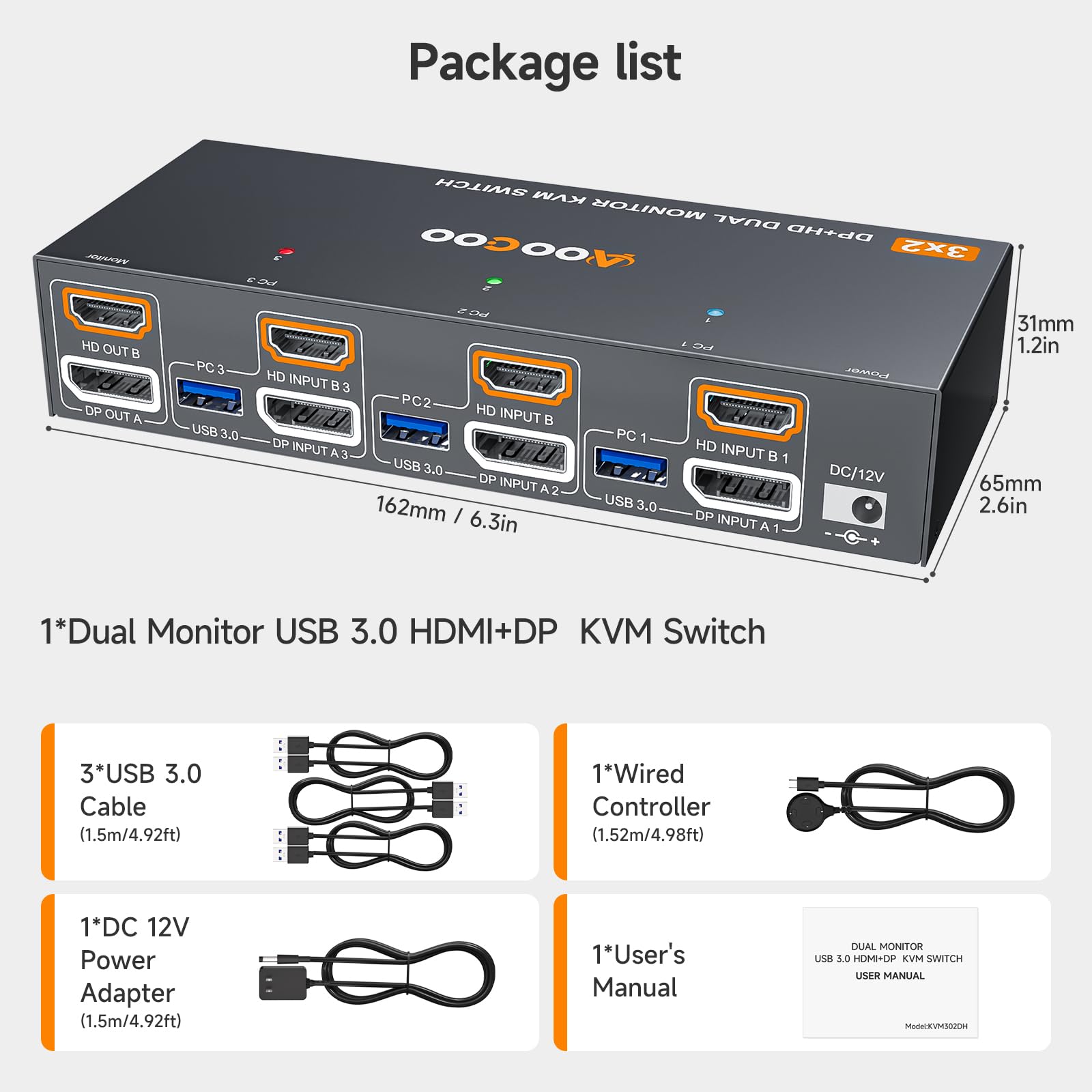 HDMI DP KVM Switch 8K@60Hz, Dual Monitore KVM Switches für 3 PC und 2 Monitor mit 4 USB 3.0 Häfen, Kabelfernbedienung, USB Kabel im Lieferumfang, Netzteil 9