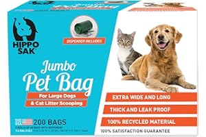 Hippo Sak® Extra Large Pet Poop Bags with Dispenser, 200 Count, for Large Dogs and Cat Litter Scooping (200)