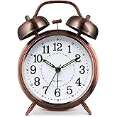 Azyh Loud Alarm Clock for Heavy Sleepers Adults, Metal 4 Inches Twin Bell Battery Operated Alarm Clocks for Bedrooms Decoration, Silent Non-Ticking, Back-to-School Gift (Red Brown)