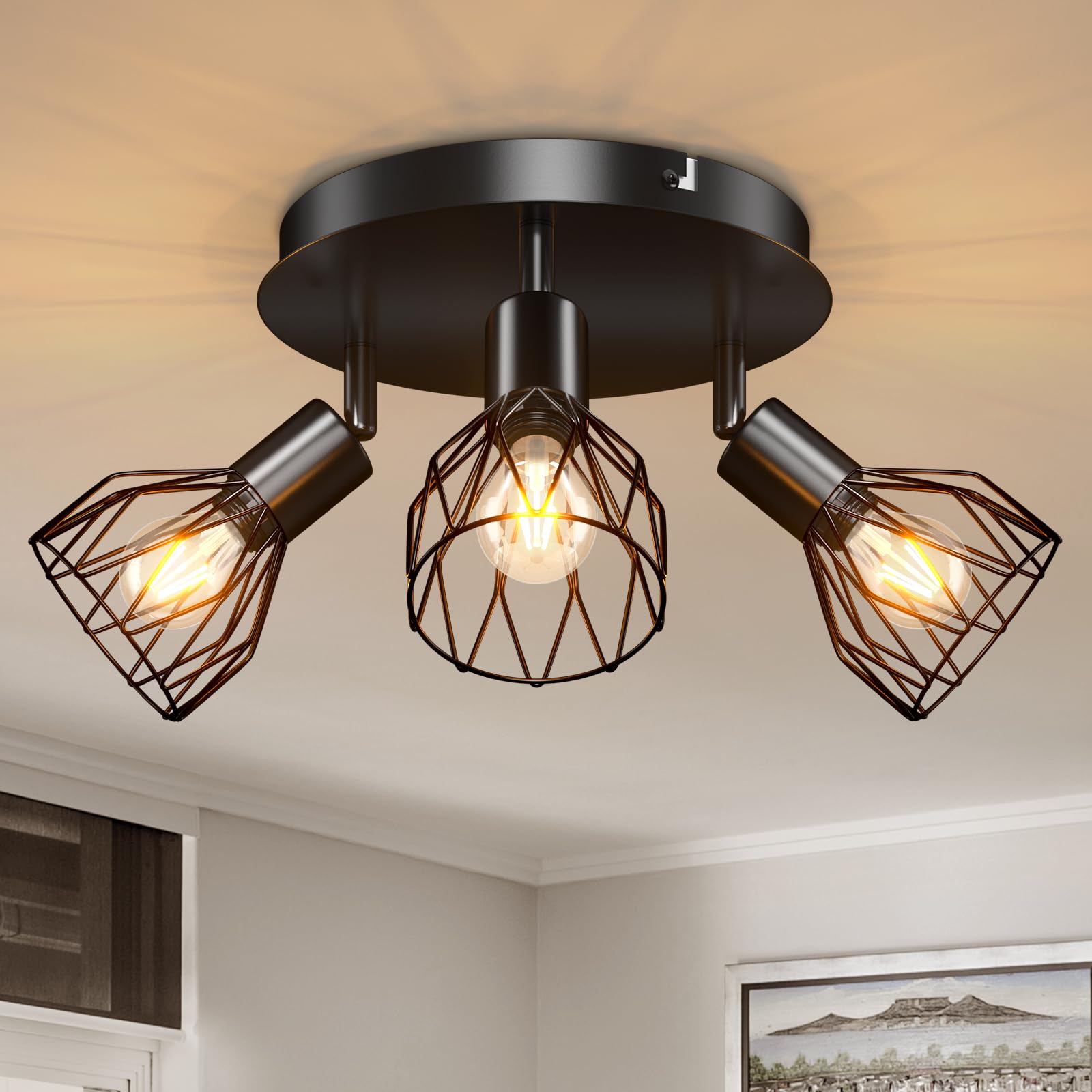 Kimjo Ceiling Light with 3 Swivelling Spotlights, Black with 3 Swivelling and Swivelling Spotlights, E14 Socket, Retro Design for Bedroom, Living Room, Corridor, Café, Without Bulb, Max. 40 W — image 1