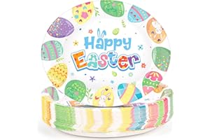 GiftPeak 50 Count Easter Plates Heavy Duty, Large Disposable Oval Paper Plates, 10" X 12.5" Happy Easter Platters Dinner Party Plate Pastel Eggs Dinnerware Tableware Spring Holiday Party Supplies